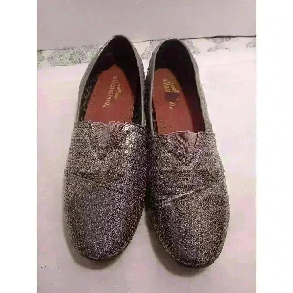 Vintage Ellemenno Size 6.5 Pewter Sequin Slip On Loafer Moccasin‎